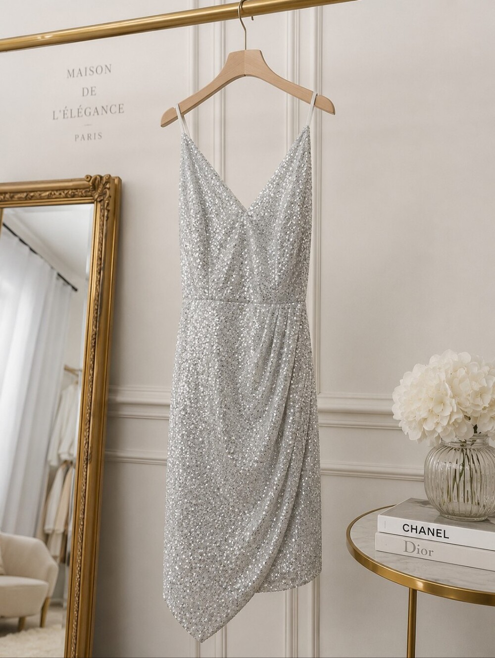 Crystal Sky Silver Sequin Asymmetrical Cocktail Dress